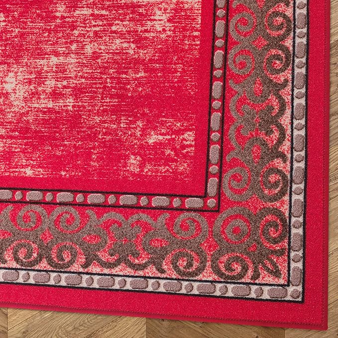 Antep Rugs Alfombras Bordered Modern 4x6 Non-Slip (Non-Skid) Low Pile Rubber Backing Indoor Area Rug (Red, 4' x 5'8")