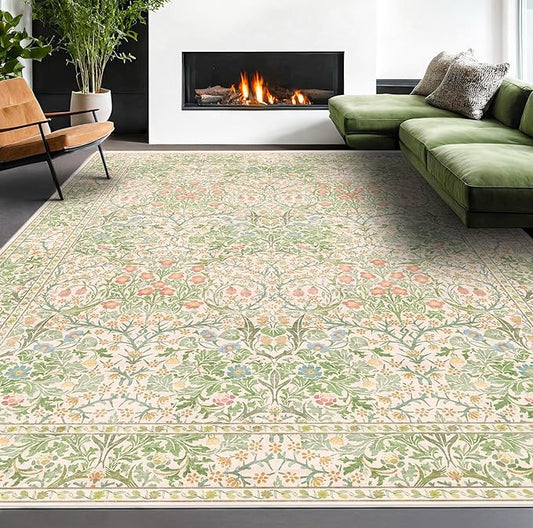 Hazo Haus Light Beige Green Botanical Living Room Rug, 7x10 Washable Area Rug for Kids Room, Bedroom, Nursery Room, Living Room, Dining Room, Low Pile Non-Slip - Vintage Design & Fade Resistance