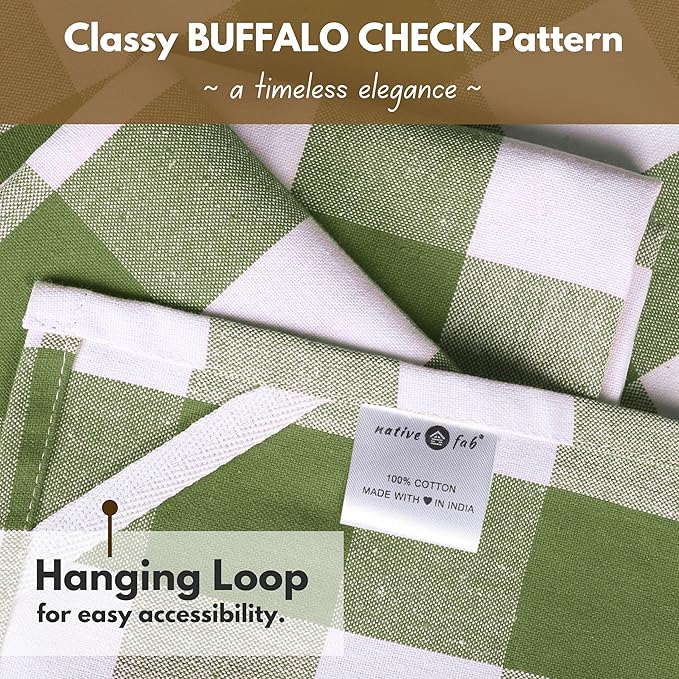 Native Fab Buffalo Check Kitchen Dish Towels, 16"x26", 12 Pack - 100% Cotton Plaid Washcloths - Absorbent Dish Cloths Set, Cleaning Hand Towels with Hanging Loop - Mini Green White
