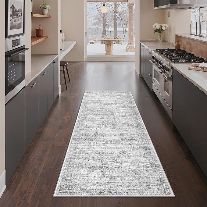3x8 Runner Rug Non Slip Washable for Entryway, Vintage Hallway Runner for Front Porch, Laundry Room, Bedroom, Abstract Stain Resistant Thin Indoor Kitchen Mats for Floor(3'x8', Grey/Ivory)