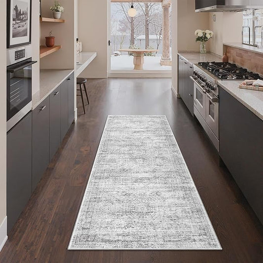 3x8 Runner Rug Non Slip Washable for Entryway, Vintage Hallway Runner for Front Porch, Laundry Room, Bedroom, Abstract Stain Resistant Thin Indoor Kitchen Mats for Floor(3'x8', Grey/Ivory)
