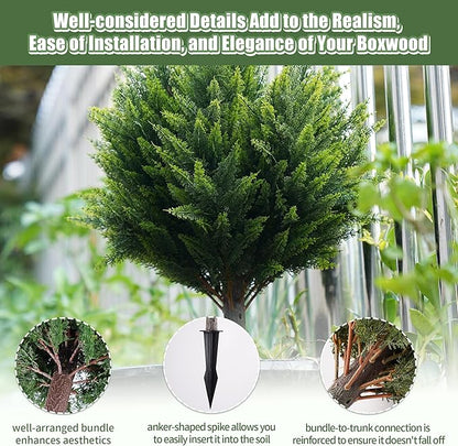 Artificial Cypress, 24'' Topiary Trees Artificial Outdoor, Faux Cedar Shurbs with Ground Spike, UV - Resistant Faux Plants for Outdoor planters, Set of 2 Fake Bushes Front Porch, Outside Garden Decor