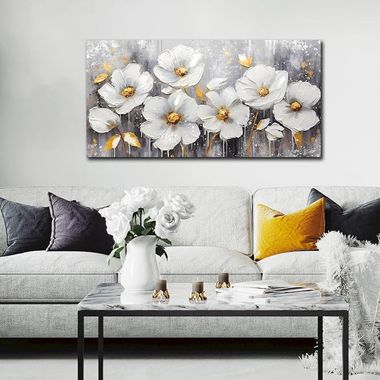 CIRABKY Flower Wall Art for Bedroom - White Wall Decor - Gold Wall Art for Living Room Office Artwork Canvas Pictures Size 20" x 40"