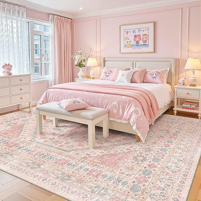 zesthome 10x12 Area Rugs for Girls Bedroom, Low Pile Machine Washable Rugs, Vintage Large Pink Rugs, Stain Resistant Nursery Room Rug, Baby Crawling Rug (Pink/Blue,10'x12')