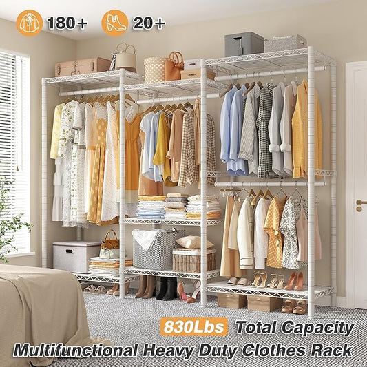 Raybee Heavy Duty Clothes Rack Load 900Lbs, Clothing Rack for Hanging Clothes for Bedroom 77" H x 69'' W x 16'' D,White