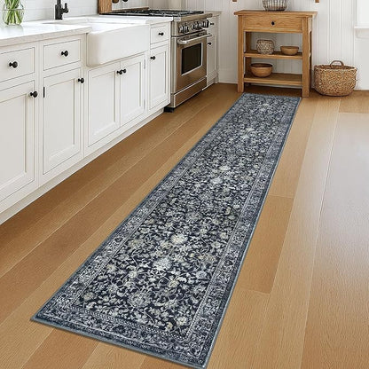 KILOCOCO Hallway Runner 2x12 Rug Runner Printed Vintage Floral Washable Non-Slip Rubber Backed Runners for Hallways Kitchen Laundry Room Entryway Bedroom, Charcoal