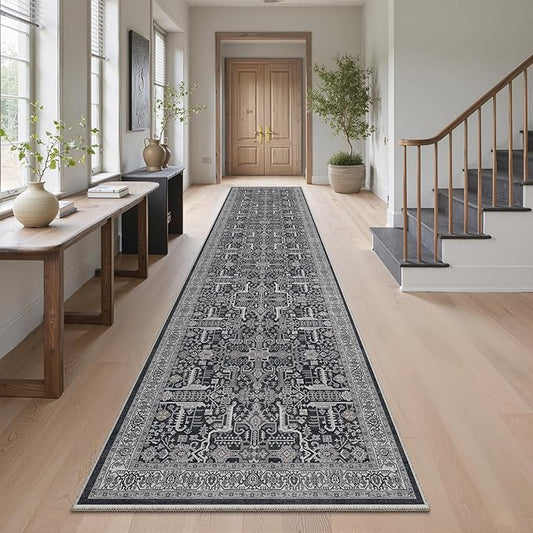 Hallway Washable Runner Rug 2x10 - Non Slip Vintage Kitchen Runner Rugs for Entryway Low-Pile Waterproof Long Runners for Living Room Bedroom Medallion Indoor Floor Mat for Bathroom Laundry Black