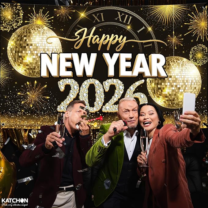 KatchOn, XtraLarge Happy New Year Banner - 72x44 Inch | Gold Happy New Year Backdrop 2026 for New Years Decorations 2026 | NYE Banner for NYE Decorations 2026 | New Years Eve Party Supplies 2026