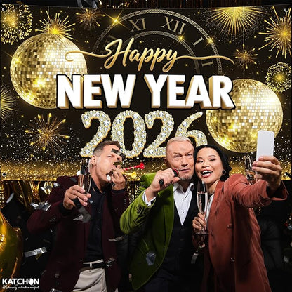 KatchOn, XtraLarge Happy New Year Banner - 72x44 Inch | Gold Happy New Year Backdrop 2026 for New Years Decorations 2026 | NYE Banner for NYE Decorations 2026 | New Years Eve Party Supplies 2026