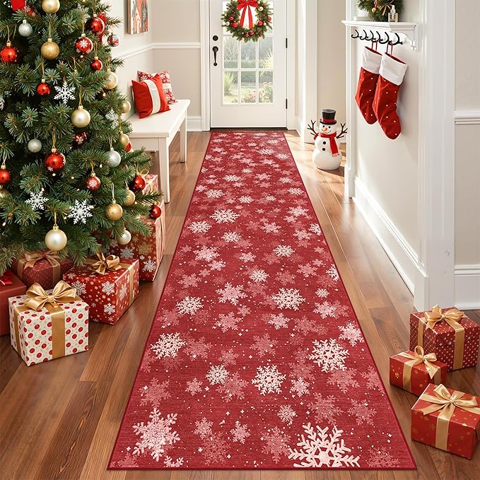 Christmas Runner Rug 2x8, Washable Snowflake Rugs for Living Room, Ultra-Thin Hallway Rug Runner Non Slip, Soft Red Holiday Decor Indoor for Entrance, Bedroom(2'x8', Red/White)