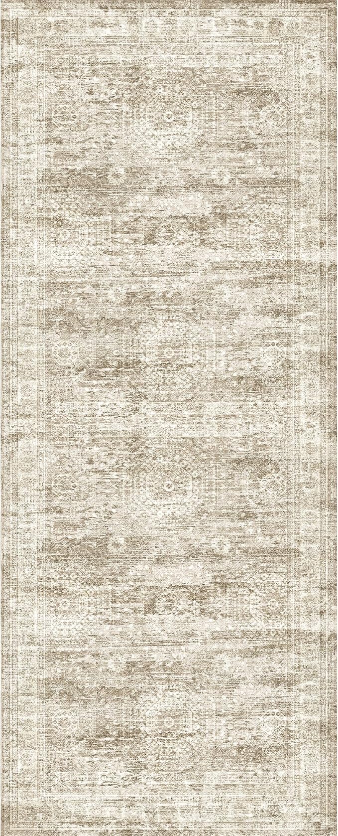 2x5 Rug Runner Washable for Entryway, Soft Bathroom Rugs with Non-Slip Backing, Abstract Low Pile Hallway Runner, Vintage Small Kitchen Carpet for Stair, Laundry Room(2'x5', Brown/Ivory)