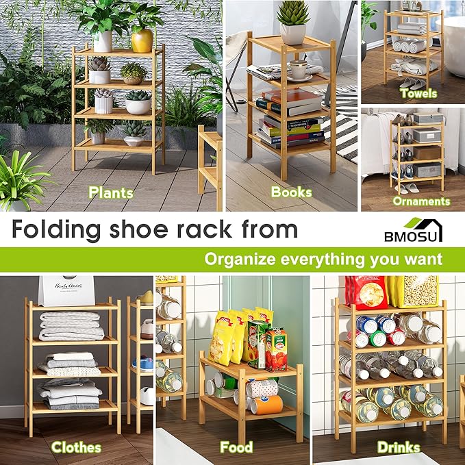 BMOSU 4-Tier Bamboo Small Shoe Rack Premium Stackable Shoe Shelf Storage Organizer for Hallway Closet Living Room Entryway Organizer(Natural)