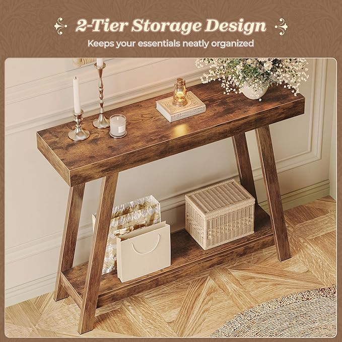 Huuger Console Table with Charging Station, USB-C Port, 2 Tiers Entryway Table, 39.4 Inch Sofa Table with Metal Legs, Entry Hallway Table with Thicker Desktop, Behind Couch Table, Rustic Brown