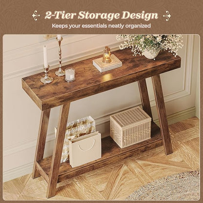 Huuger Console Table with Charging Station, USB-C Port, 2 Tiers Entryway Table, 39.4 Inch Sofa Table with Metal Legs, Entry Hallway Table with Thicker Desktop, Behind Couch Table, Rustic Brown