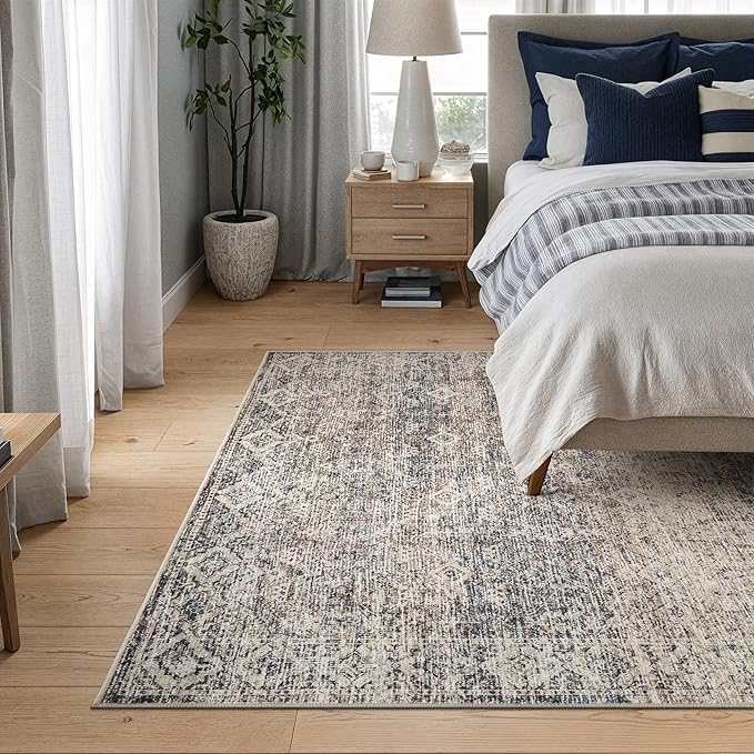 Bloom Rugs Caria Washable Non-Slip 4x6 Rug - Beige Brown/Teal Traditional Area Rug for Living Room, Bedroom, Dining Room, and Kitchen - Exact Size: 4' x 6'