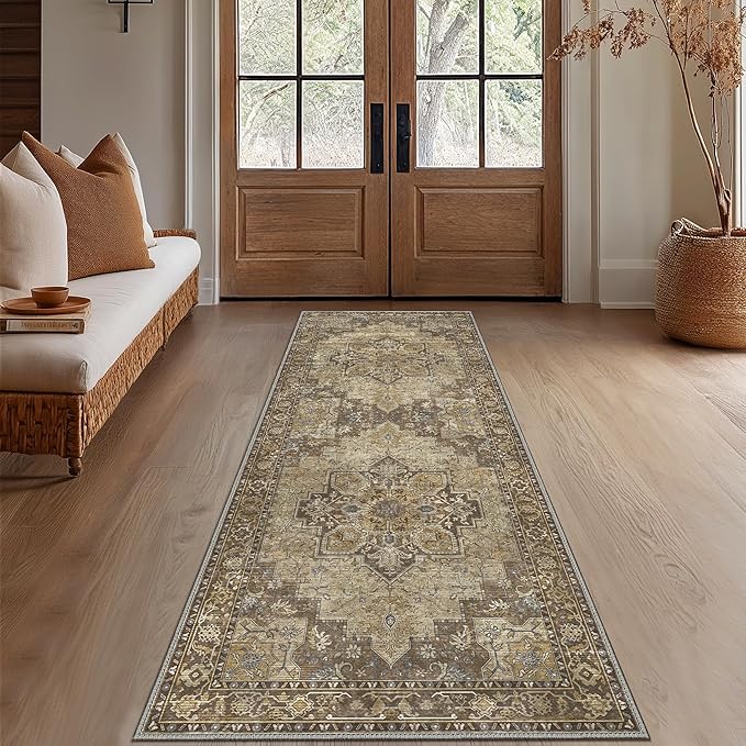 GENIMO 2'6''x10 Runner Rugs for Hallway, Machine Washable Non Slip Vintage Rugs, Low Pile Lightweight Soft Print Rug for enrtyway, Corridor, Home Office, Kitchen, Rustic Brown