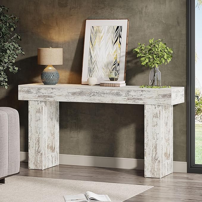 Tribesigns 63-Inch Long Console Table, Wooden Rectangular Sofa Table Behind The Couch, Farmhouse Entryway Table for Entrance, Hallway, Living Room (Distressed White)