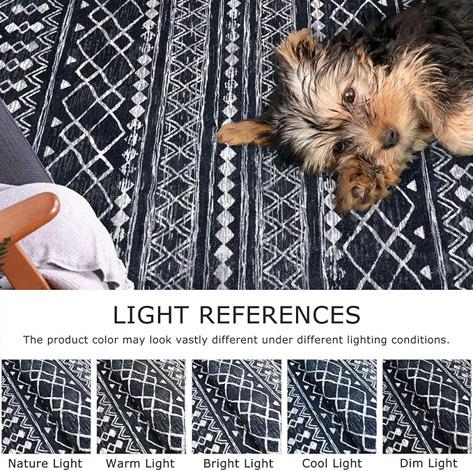 KUTA Moroccan Washable Hallway Runner Rug, 2x6 Non-Slip Vintage Black Boho Rugs Kitchen Runners Ultra Soft Distressed Geometric Floor Carpet for Bedroom Laundry Living Room