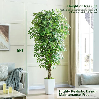 Artificial Ficus Tree 6FT Faux Plants Indoor Tall Fake Plants with White Planter, Green Lifelike Lush Fake Ficus Tree for Home Living Room Bedroom Outdoor Balcony House Office Decor