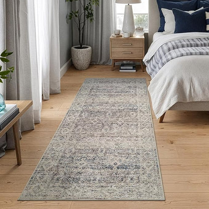Bloom Rugs Caria Washable Non-Slip 12 ft Runner - Beige Brown/Teal Traditional Runner for Entryway, Hallway, Bathroom, and Kitchen - Exact Size: 2'6" x 12'