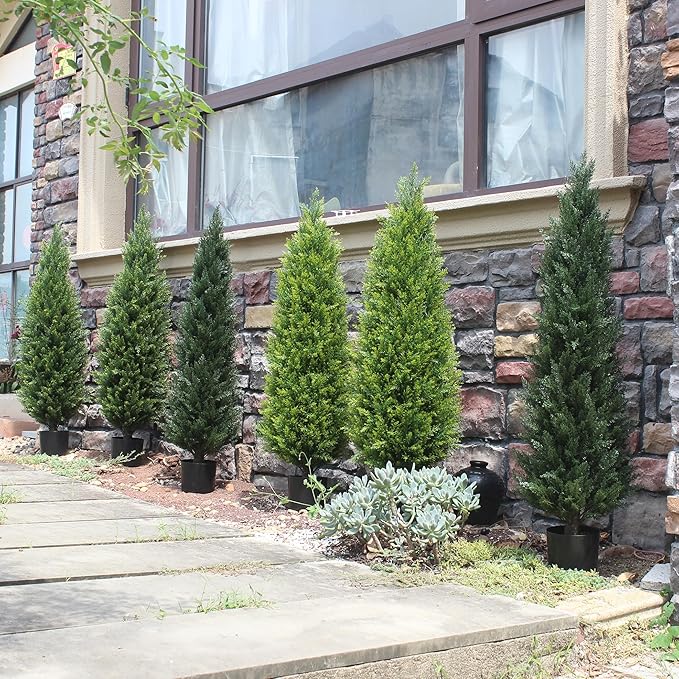 Two 4ft Artificial Topiary Tree Fake Bushes Potted Plants UV Resistant Faux Cedar Trees Artificial Outdoor Shrubs for Front Porch Garden