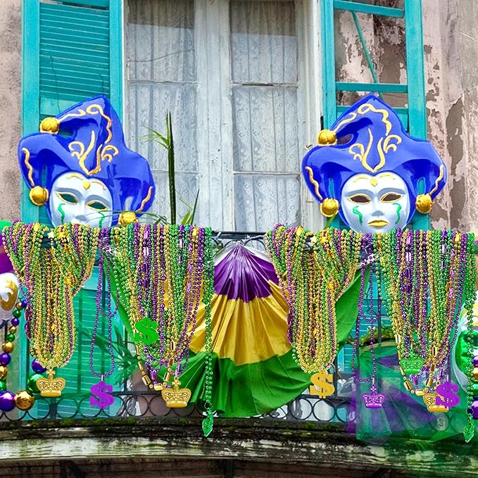 2000PCS Mardi Gras Beads Bulk, 9 Styles Purple Gold Green Mardi Gras Beads Necklaces Assortment, Coin Crown Mask Dollar Metallic Beaded Accessories for Mardi Gras Decorations Throws Party Favors