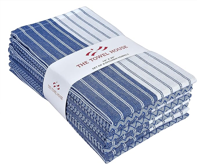 Premium Cotton Weave Kitchen Towels Set – Highly Absorbent, Quick-Dry Dish Towels with Hanging Loop – Extra Large 18x28 Inches – Blue (Pack of 8)