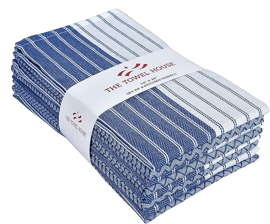 Premium Cotton Weave Kitchen Towels Set – Highly Absorbent, Quick-Dry Dish Towels with Hanging Loop – Extra Large 18x28 Inches – Blue (Pack of 8)