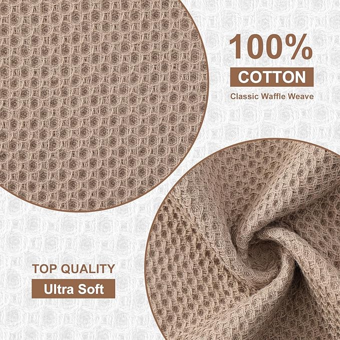 Kitinjoy 100% Cotton Kitchen Dish Cloths, 8 Pack Waffle Weave Ultra Soft Absorbent Towels for Drying Dishes, Quick Drying Kitchen Rags, 12 X 12 Inches, Tan