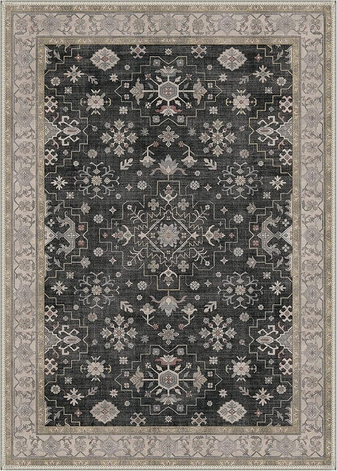 GENIMO 5x7 Area Rugs for Living Room,Machine Washable Non-Slip Vintage Rug, Low Pile Lightweight Carpet for Bedroom, Dining Room, Home Office, Stain & Fade Resistant,Black