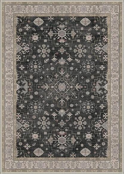 GENIMO 5x7 Area Rugs for Living Room,Machine Washable Non-Slip Vintage Rug, Low Pile Lightweight Carpet for Bedroom, Dining Room, Home Office, Stain & Fade Resistant,Black