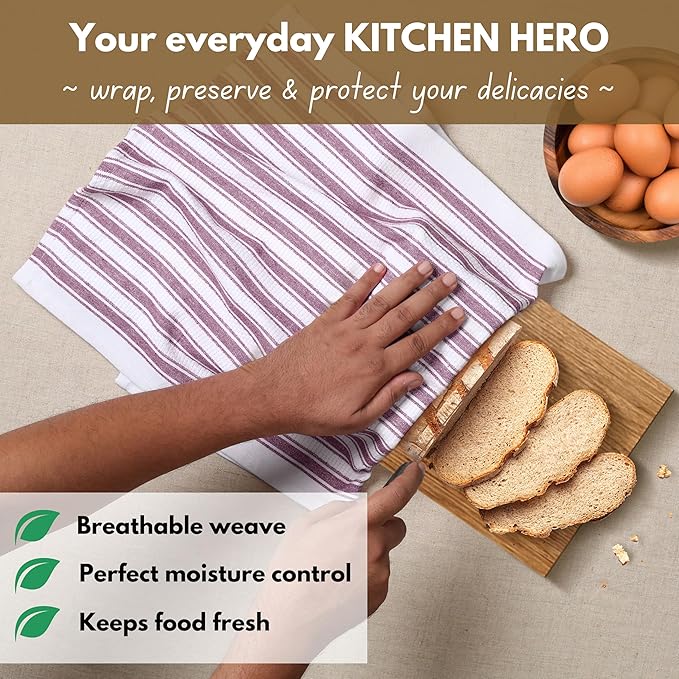 Native Fab Cotton Kitchen Towels - 16x26 inches - Set of 4 - Basket Weave Stripe Dish Towels for Cleaning, Drying Dishes, Absorbent Dish Cloths Set with Hanging Loop - Burgundy Maroon