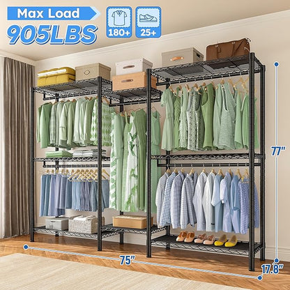 Raybee Clothes Rack Heavy Duty，Clothing Racks for Hanging Clothes with 5 Adjustable Hanging Rods, Metal Garment Rack for Bedroom, Laundry Room, Apartment,Gloss Black