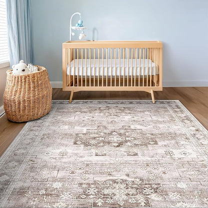 Washable Neutral Farmhouse Living Room Rug, 5x8 Area Rugs for Bedroom Under Bed, Nursery Room, Boho Vintage Floral Non-Slip Rug Low Pile Stain Resistant (5x8 Beige/Latte)
