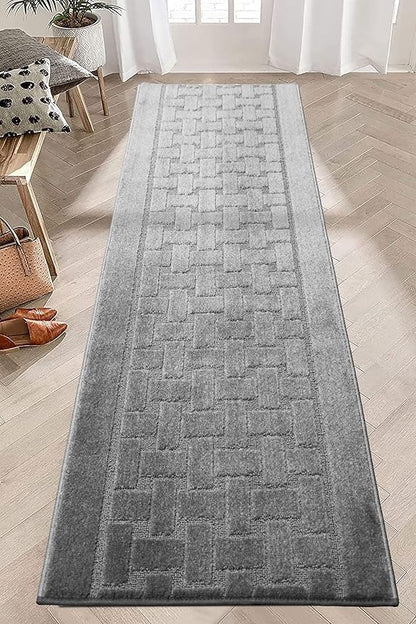 21 Ft Extra Long Non-Slip Grey Hallway Kitchen Runner Rug, 2'7" X 21' Washable Carpet - Rubber Backed, Custom Size Floor Mat for Entryway Stairs Bedroom Bathroom Mudroom