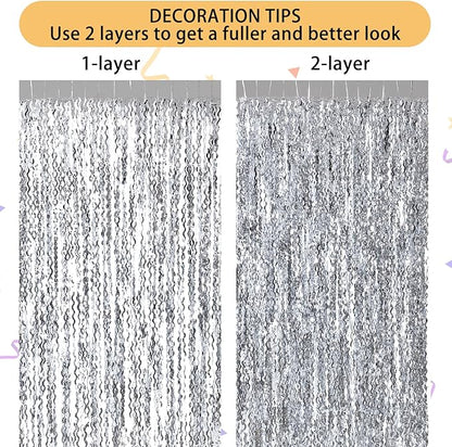 3 Pack Wave Silver Tinsel Curtain - 3.3x6.6 Feet Foil Streamers Birthday Party Decorations Wedding Background Decor Photo Booth Props