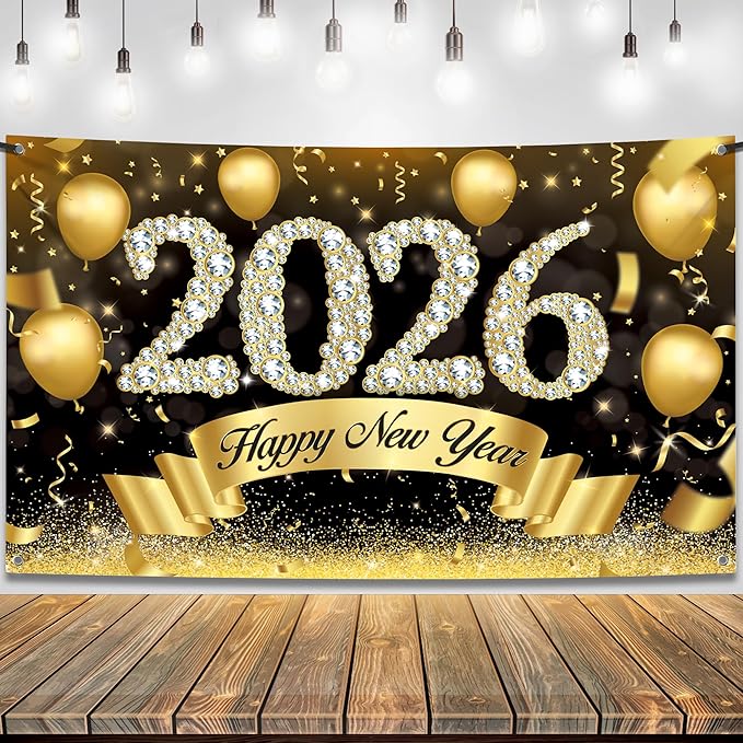 Katchon, Xtralarge Happy New Year Banner - 72x44 Inch | Happy New Year 2026 Banner for New Years Decorations 2026 | New Years Backdrop for New Years Eve Party Supplies 2026 | NYE Decorations 2026