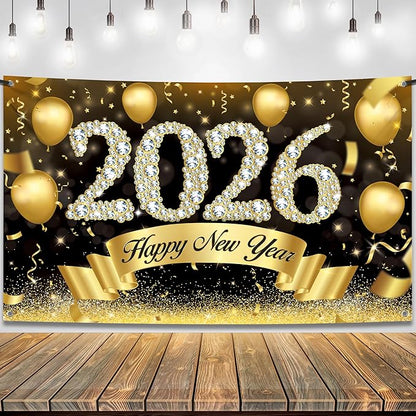 Katchon, Xtralarge Happy New Year Banner - 72x44 Inch | Happy New Year 2026 Banner for New Years Decorations 2026 | New Years Backdrop for New Years Eve Party Supplies 2026 | NYE Decorations 2026