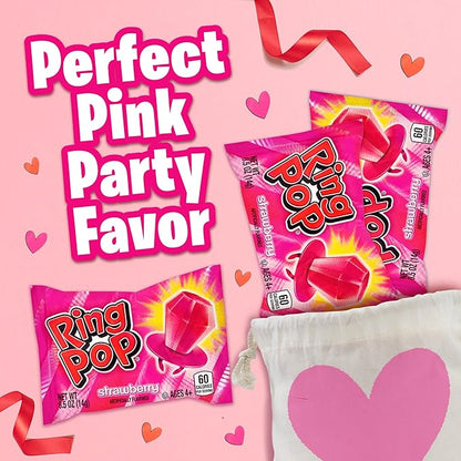 Ring Pop Pink Valentine's Candy, Individually Wrapped Pink Lollipops, Strawberry 30 Ct Bulk Suckers for Kids, Fun Candy for Gender Reveals, Valentine's Gifts, Goodie Bags, Party Favors