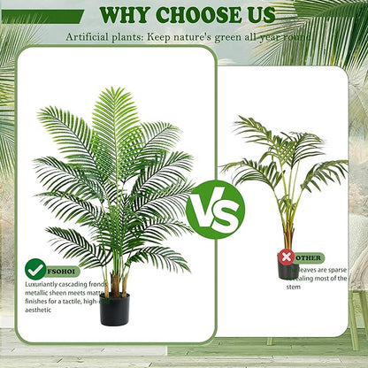 2 Pack Artificial Palm Tree 4FT Artificial Plants Indoor Tropical Fake Palm Tree Areca Floor Plant in Black Pot with 13 Trunks & Real Bark Design, Faux Palm Plant for Outdoor Patio Home Office Decor