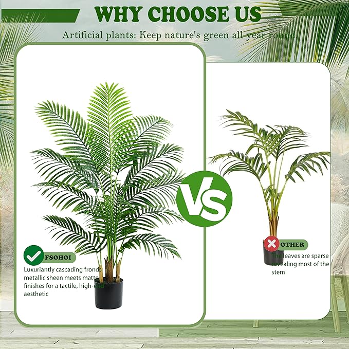 Artificial Fake Palm Tree 4FT Tropical Faux Palm Trees in Pot with 13 Trunks and Real Bark Design Areca Floor Plant Faux Palm Plant for Indoor Outdoor Home Decor
