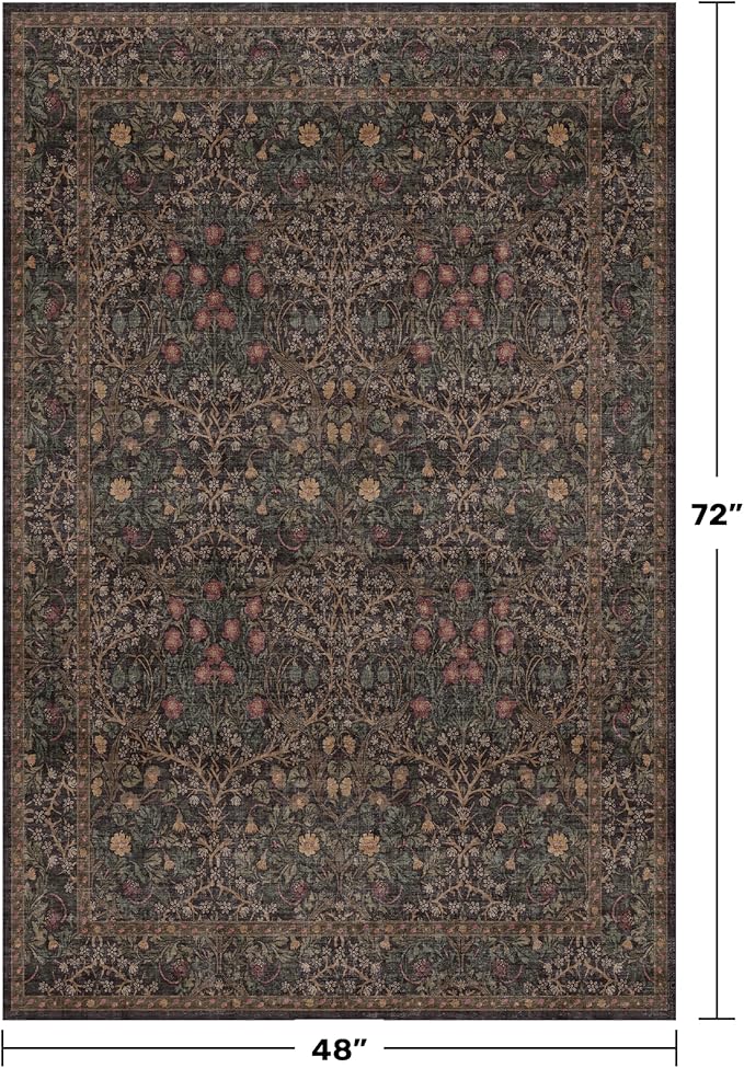 Washable Dark Taupe Brown 4x6 Area Rugs for Living Room, Bedroom Bedside Rug, Kitchen, Mudroom, Non-Slip Low Pile Ultra Soft Stain Resistant, Small Vintage Green Botanical Floral Carpet