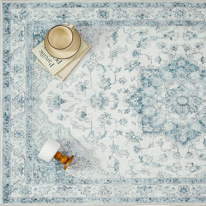 Blue Area Rug 6x9 Washable Vintage Carpet for Living Room Bedroom Large Soft Retro Low Pile Thin Indoor Rug Non Slip Oriental Medallion Floor Cover for Dining Room Office