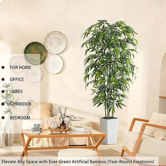 Artificial Bamboo Tree 6FT Tall Fake Plants Faux Bamboo Plant with White Tall Planter, Artificial Fake Trees Silk Plant with 5 Trunks and Lifelike Leaves for Home Office Indoor Outdoor Decor