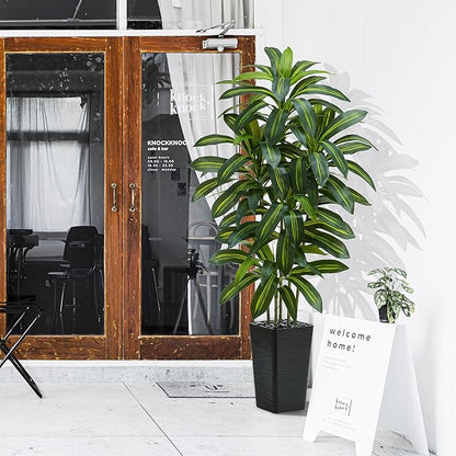 Artificial Dracaena Tree：5FT Faux Silk Tropical Yucca Floor Trees Realistic Fake Green Plant with Natural Wood Trunk & Lifelike Leaves for Home Office Decor Indoor & Outdoor (5FT,1-Pack,Black)