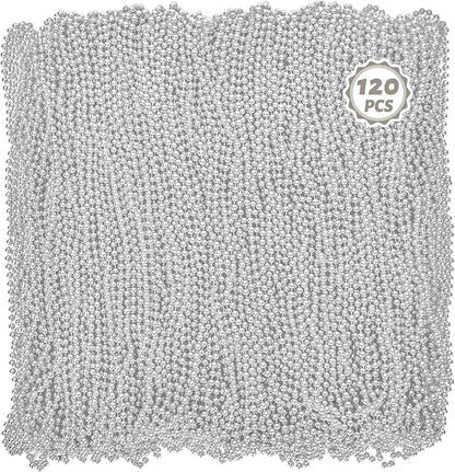 Mardi Gras Beads Necklaces, 120PCS Bead Necklace, 33 IN Mardi Gras Beads, Silver Party Beads, Parade Throws Bulk for Christmas Pirate Wedding Birthday Party Favors Supplies Decor