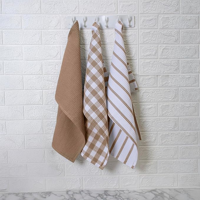 Blue Needles Waffle Weave Kitchen Towels, 15x25 Inches 100% Cotton Set of 6 Dish Cloths for Kitchen, Ultra Soft & Absorbent with Hanging Loop, Dish Rags for Quick Drying, Assorted - Beige