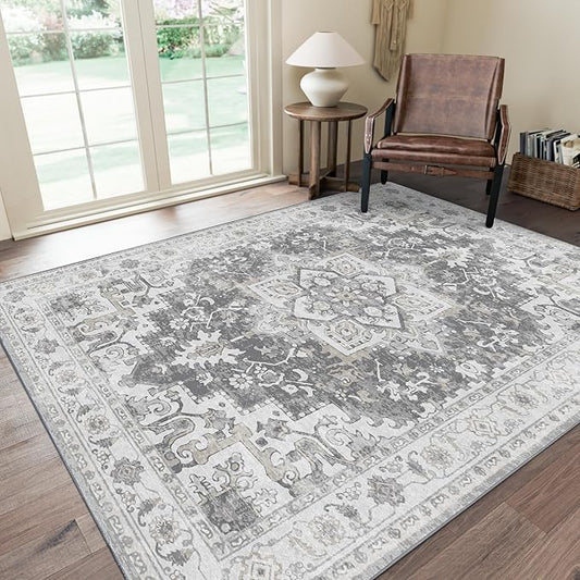 GENIMO 5x7 Area Rugs for Living Room, Machine Washable Rug, Non Slip Indoor Vintage Rug, Low Pile Lightweight Chenille Print Carpet for Bedroom Dining Room Home Office, Gray