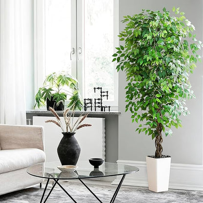 Artificial Ficus Tree 6FT Faux Plants Indoor Tall Fake Plants with White Tall Planter, Green Lifelike Lush Fake Ficus Tree for Home Living Room Bedroom Outdoor Balcony House Office Decor