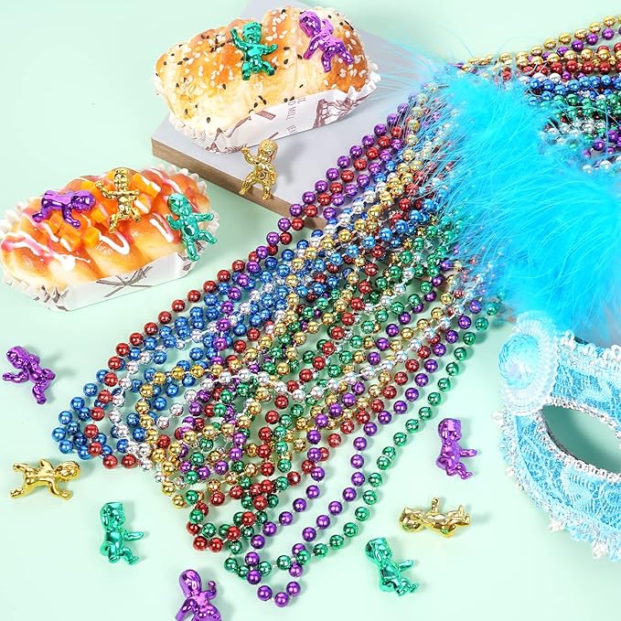 YAXINRUI Mardi Gras Beads Necklaces and King Cake Babies, Multi Colors 24Pcs Party Beads Necklaces + 24Pcs Mini Plastic Babies Mardi Gras Accessories for Mardi Gras Party, Party Favors